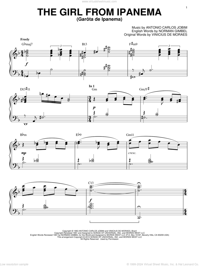 The Girl From Ipanema (Garota De Ipanema) [Jazz version] (arr. Brent Edstrom) sheet music for piano solo by Antonio Carlos Jobim, Norman Gimbel and Vinicius de Moraes, intermediate skill level