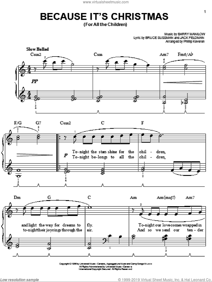 Because It's Christmas (For All The Children) (arr. Phillip Keveren) sheet music for piano solo by Barry Manilow, Phillip Keveren, Bruce Sussman and Jack Feldman, easy skill level