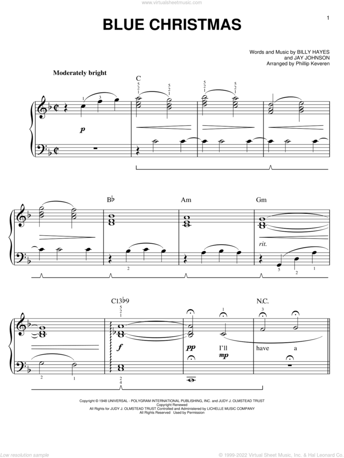 Blue Christmas (arr. Phillip Keveren), (easy) sheet music for piano solo by Elvis Presley, Phillip Keveren, Billy Hayes and Jay Johnson, easy skill level