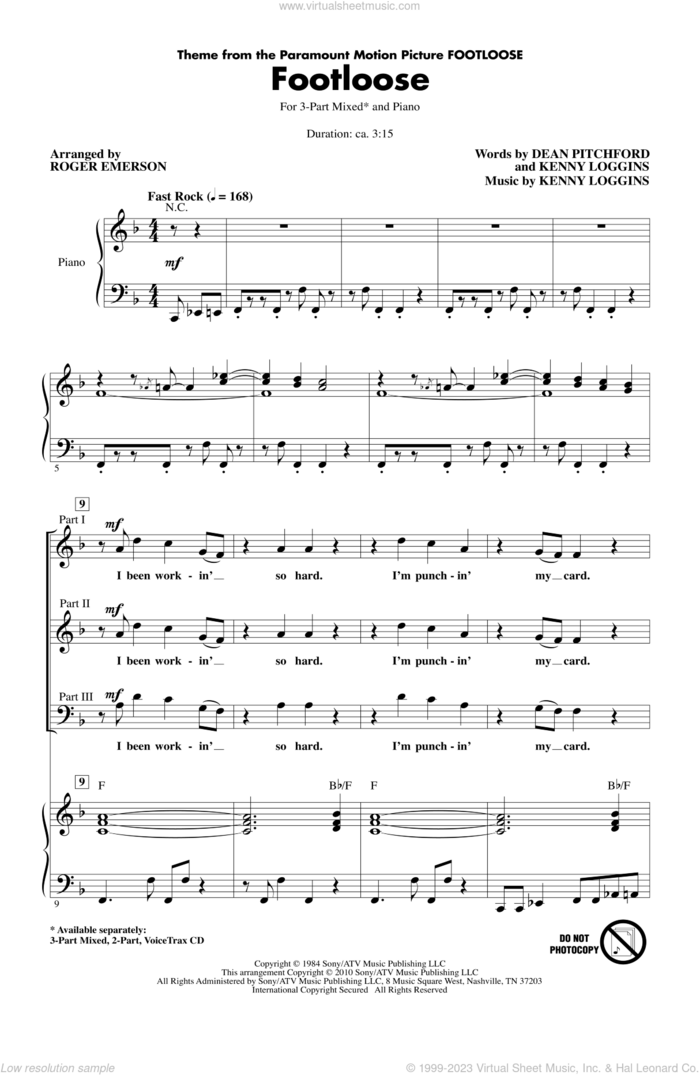 Footloose sheet music for choir (3-Part Mixed) by Kenny Loggins, Dean Pitchford and Roger Emerson, intermediate skill level