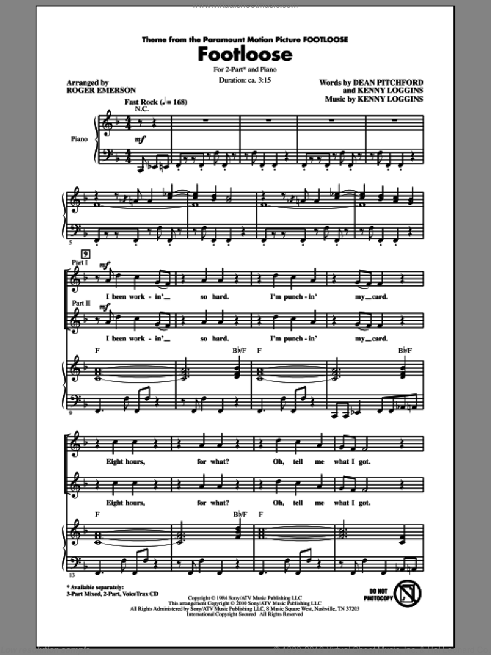 Footloose sheet music for choir (2-Part) by Kenny Loggins, Dean Pitchford and Roger Emerson, intermediate duet