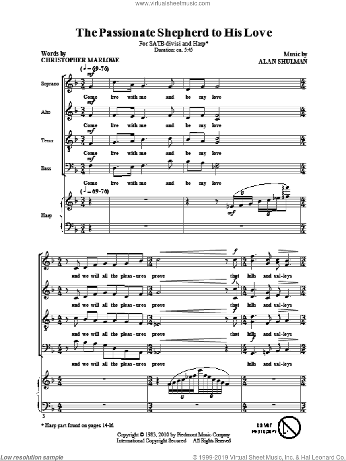 The Passionate Shepherd To His Love sheet music for choir (SATB: soprano, alto, tenor, bass) by Alan Shulman and Christopher Marlowe, intermediate skill level