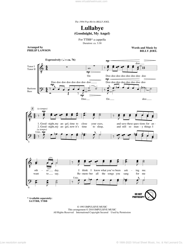 Lullabye (Goodnight, My Angel) sheet music for choir (TTBB: tenor, bass) by Billy Joel and Philip Lawson, intermediate skill level