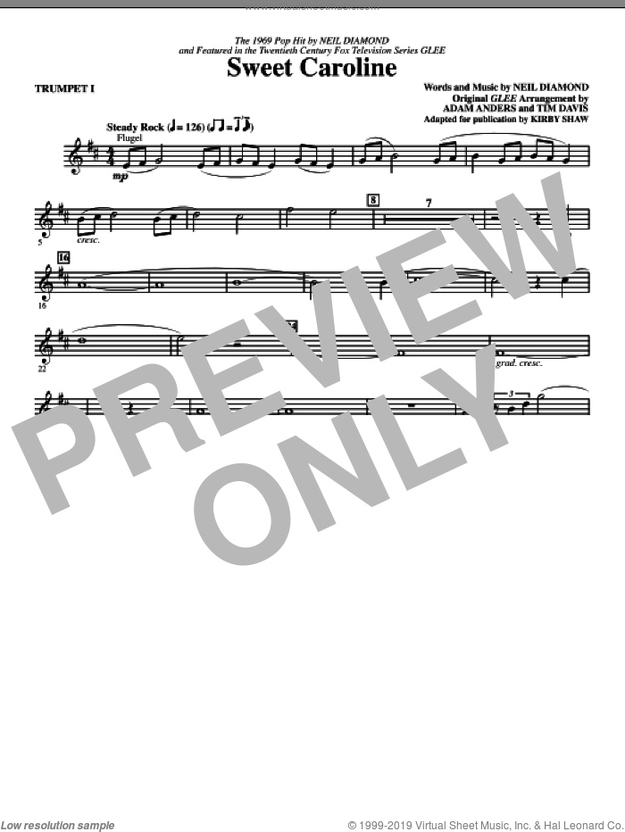 Sweet Caroline (Ed. Kirby Shaw) (complete set of parts) sheet music for orchestra/band by Kirby Shaw, Adam Anders, Glee Cast, Miscellaneous, Neil Diamond and Tim Davis, intermediate skill level