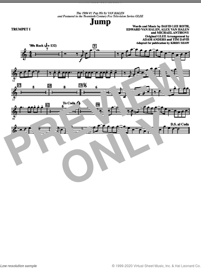 Jump (complete set of parts) sheet music for orchestra/band by Kirby Shaw, Adam Anders, Alex Van Halen, David Lee Roth, Edward Van Halen, Glee Cast, Michael Anthony, Miscellaneous and Tim Davis, intermediate skill level