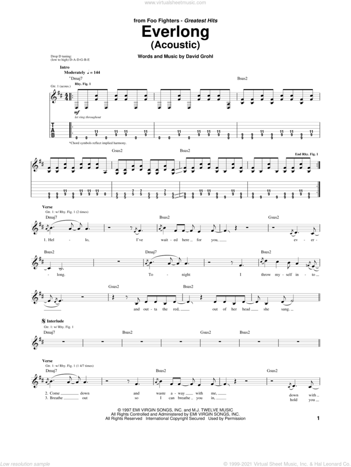 Everlong sheet music for guitar (tablature) by Foo Fighters and Dave Grohl, intermediate skill level