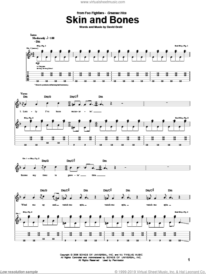Skin And Bones sheet music for guitar (tablature) by Foo Fighters and Dave Grohl, intermediate skill level