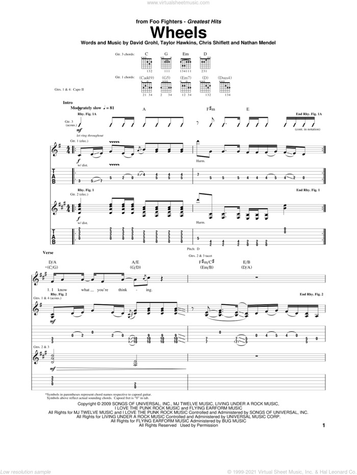Wheels sheet music for guitar (tablature) by Foo Fighters, Chris Shiflett, Dave Grohl, Nathan Mendel and Taylor Hawkins, intermediate skill level