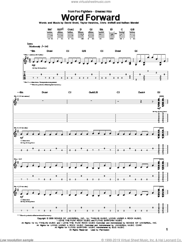 Word Forward sheet music for guitar (tablature) by Foo Fighters, Chris Shiflett, Dave Grohl, Nathan Mendel and Taylor Hawkins, intermediate skill level