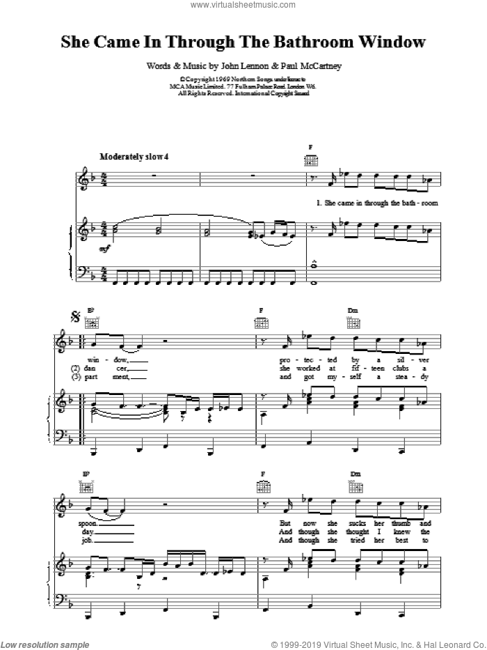 She Came In Through The Bathroom Window sheet music for voice, piano or guitar by The Beatles, intermediate skill level