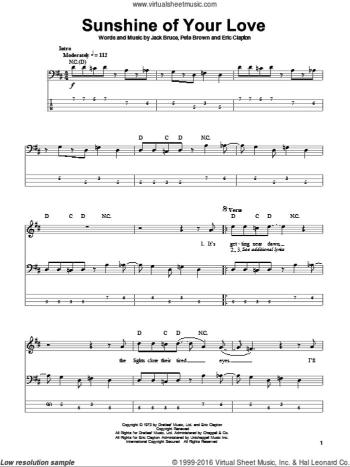 Sunshine Of Your Love sheet music for bass (tablature) (bass guitar) by Cream, Eric Clapton, Jack Bruce and Pete Brown, intermediate skill level