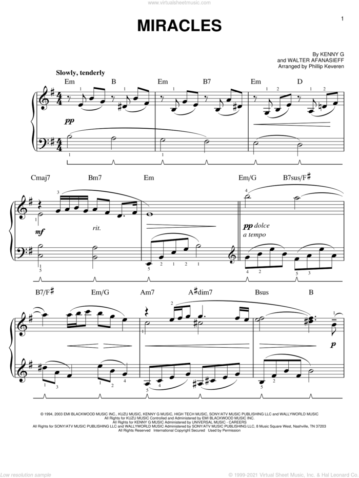 Miracles (arr. Phillip Keveren) sheet music for piano solo by Kenny G, Phillip Keveren and Walter Afanasieff, easy skill level