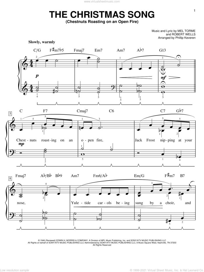 The Christmas Song (Chestnuts Roasting On An Open Fire) (arr. Phillip Keveren) sheet music for piano solo by Mel Torme, Phillip Keveren and Robert Wells, easy skill level