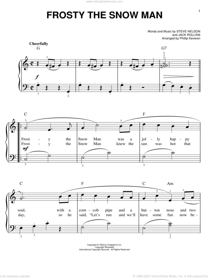 Frosty The Snow Man (arr. Phillip Keveren) sheet music for piano solo by Gene Autry, Phillip Keveren, Jack Rollins and Steve Nelson, easy skill level