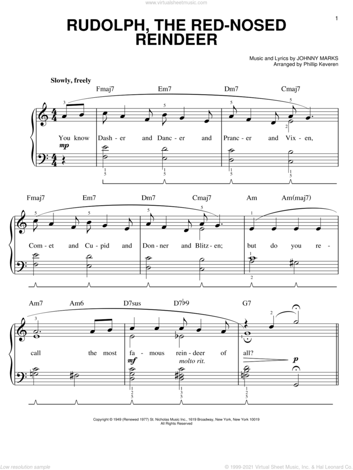Rudolph The Red-Nosed Reindeer (arr. Phillip Keveren) sheet music for piano solo by Johnny Marks and Phillip Keveren, easy skill level