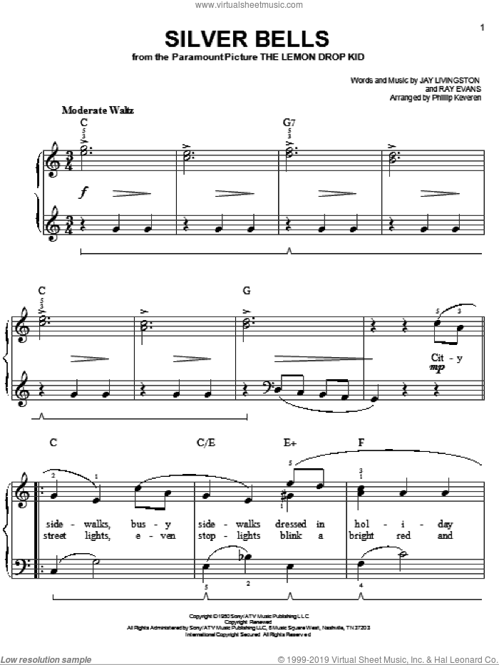 Silver Bells (arr. Phillip Keveren), (easy) sheet music for piano solo by Jay Livingston, Phillip Keveren and Ray Evans, easy skill level