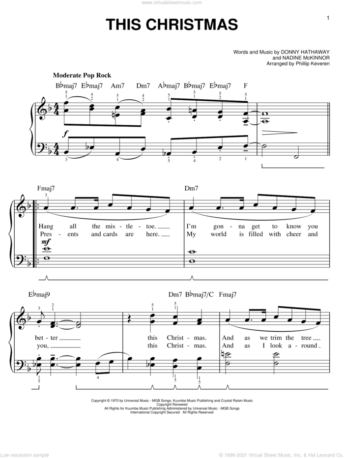 This Christmas (arr. Phillip Keveren) sheet music for piano solo by Donny Hathaway, Phillip Keveren and Nadine McKinnor, easy skill level