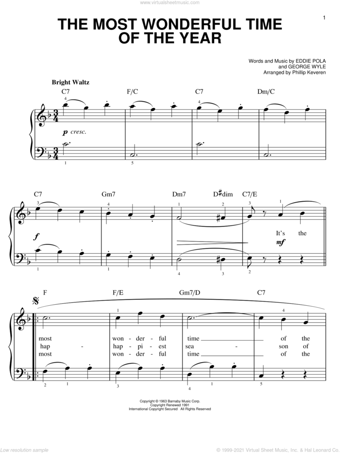 The Most Wonderful Time Of The Year (arr. Phillip Keveren) sheet music for piano solo by Andy Williams, Phillip Keveren, Eddie Pola and George Wyle, easy skill level