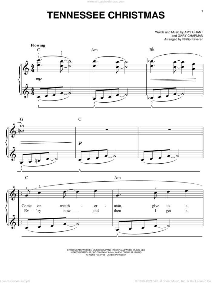 Tennessee Christmas (arr. Phillip Keveren), (easy) sheet music for piano solo by Amy Grant, Phillip Keveren and Gary Chapman, easy skill level