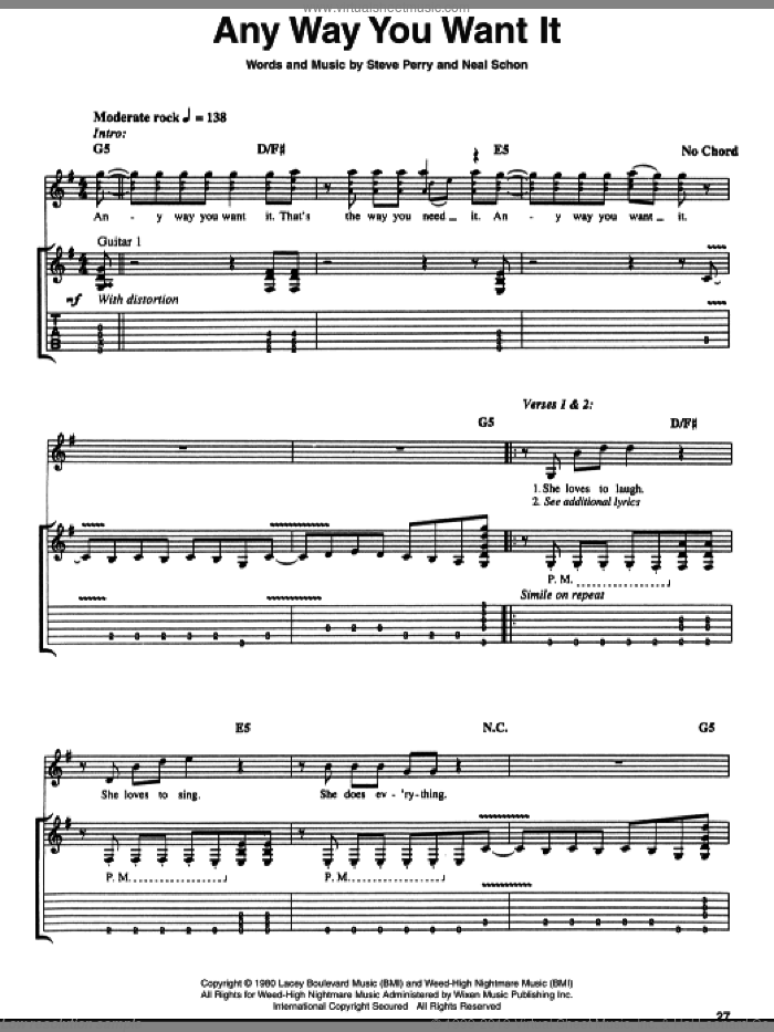 Any Way You Want It sheet music for guitar (tablature) by Journey, Neal Schon and Steve Perry, intermediate skill level