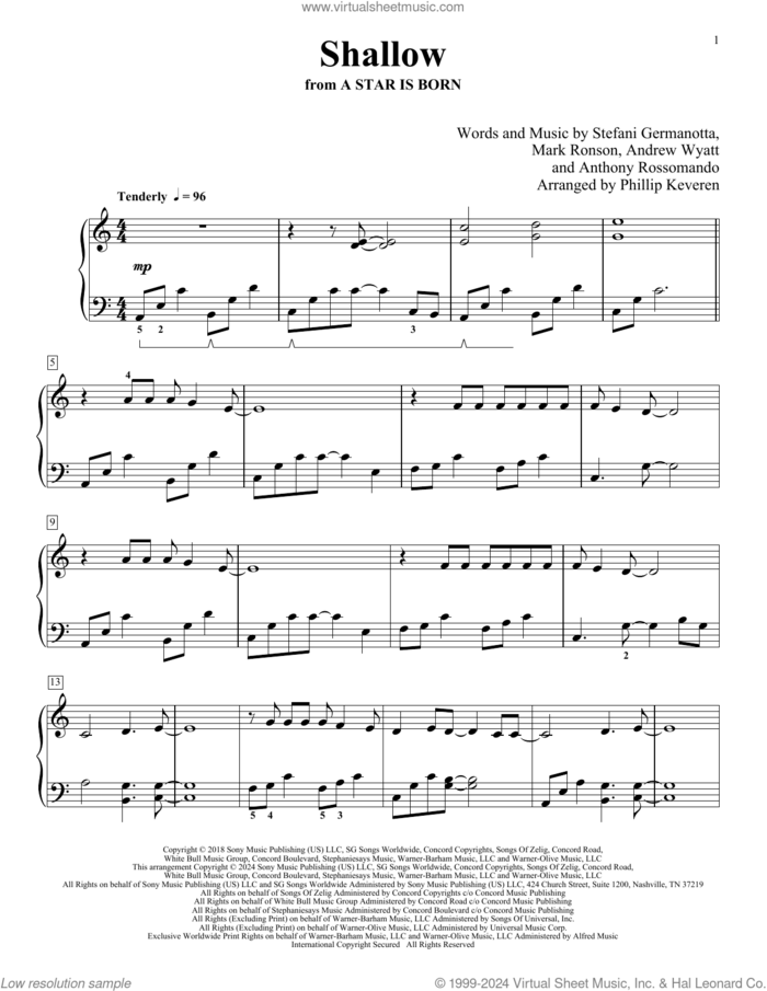 Shallow (from A Star Is Born) (arr. Phillip Keveren) sheet music for piano solo by Lady Gaga & Bradley Cooper, Phillip Keveren, Bradley Cooper, Andrew Wyatt, Anthony Rossomando, Lady Gaga and Mark Ronson, intermediate skill level