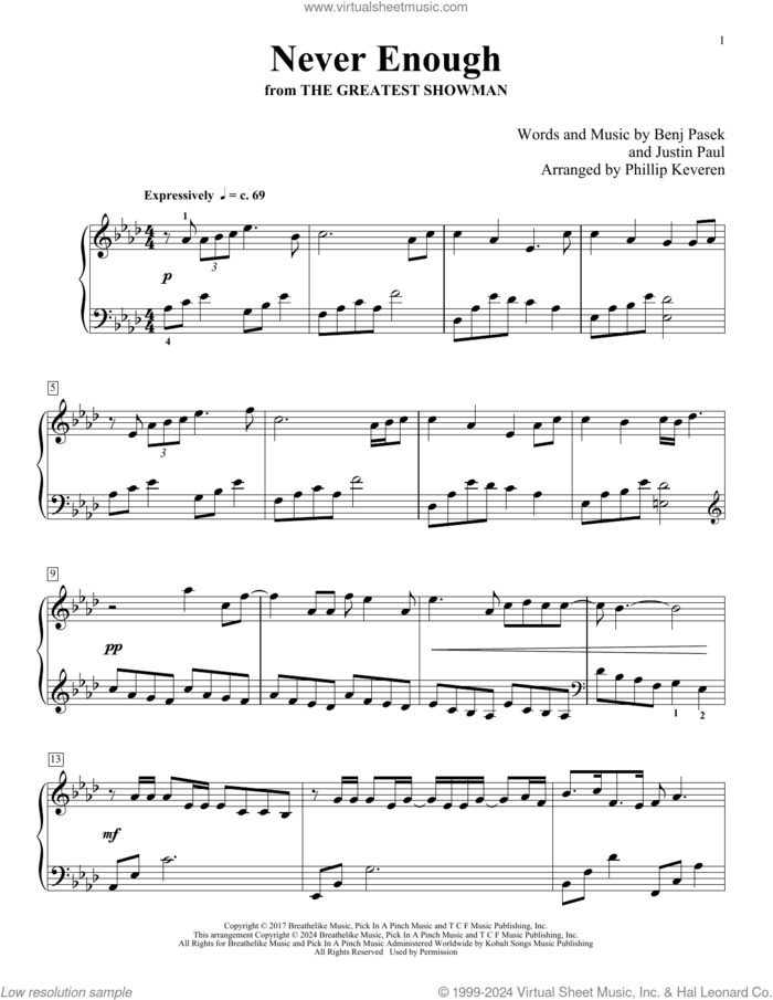Never Enough (from The Greatest Showman) (arr. Phillip Keveren) sheet music for piano solo by Pasek & Paul, Phillip Keveren, Benj Pasek and Justin Paul, intermediate skill level