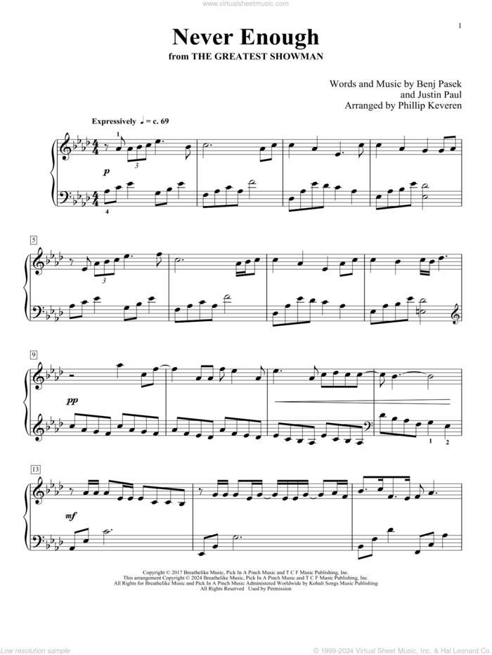 Never Enough (from The Greatest Showman) (arr. Phillip Keveren) sheet music for piano solo by Pasek & Paul, Phillip Keveren, Benj Pasek and Justin Paul, intermediate skill level