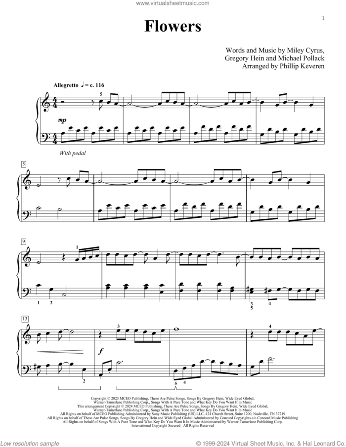Flowers (arr. Phillip Keveren) sheet music for piano solo by Miley Cyrus, Phillip Keveren, Gregory Hein and Michael Pollack, intermediate skill level