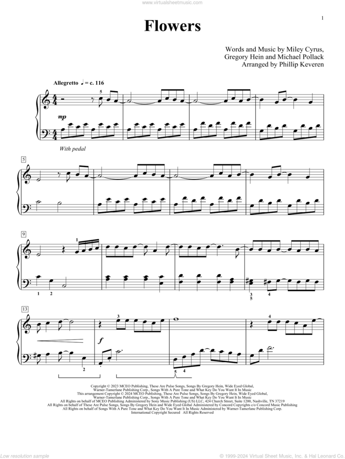 Flowers (arr. Phillip Keveren) sheet music for piano solo by Miley Cyrus, Phillip Keveren, Gregory Hein and Michael Pollack, intermediate skill level