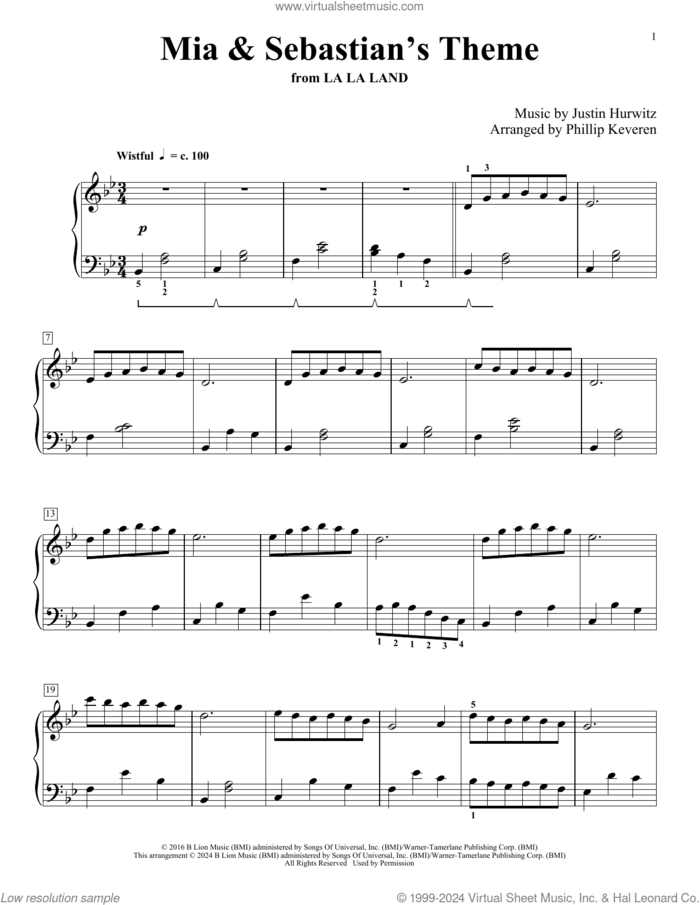Mia and Sebastian's Theme (from La La Land) (arr. Phillip Keveren) sheet music for piano solo by Justin Hurwitz and Phillip Keveren, intermediate skill level