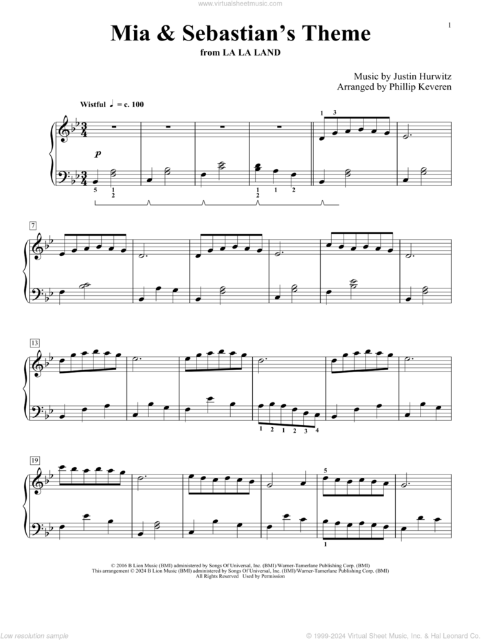 Mia and Sebastian's Theme (from La La Land) (arr. Phillip Keveren) sheet music for piano solo by Justin Hurwitz and Phillip Keveren, intermediate skill level