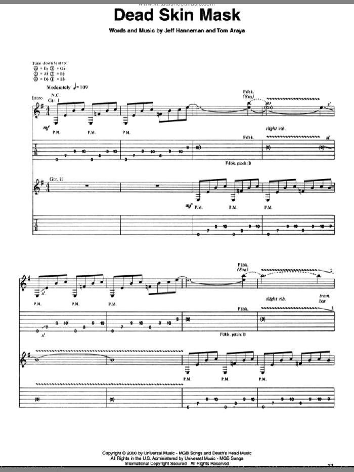 Dead Skin Mask sheet music for guitar (tablature) by Slayer, Jeff Hanneman and Tom Araya, intermediate skill level