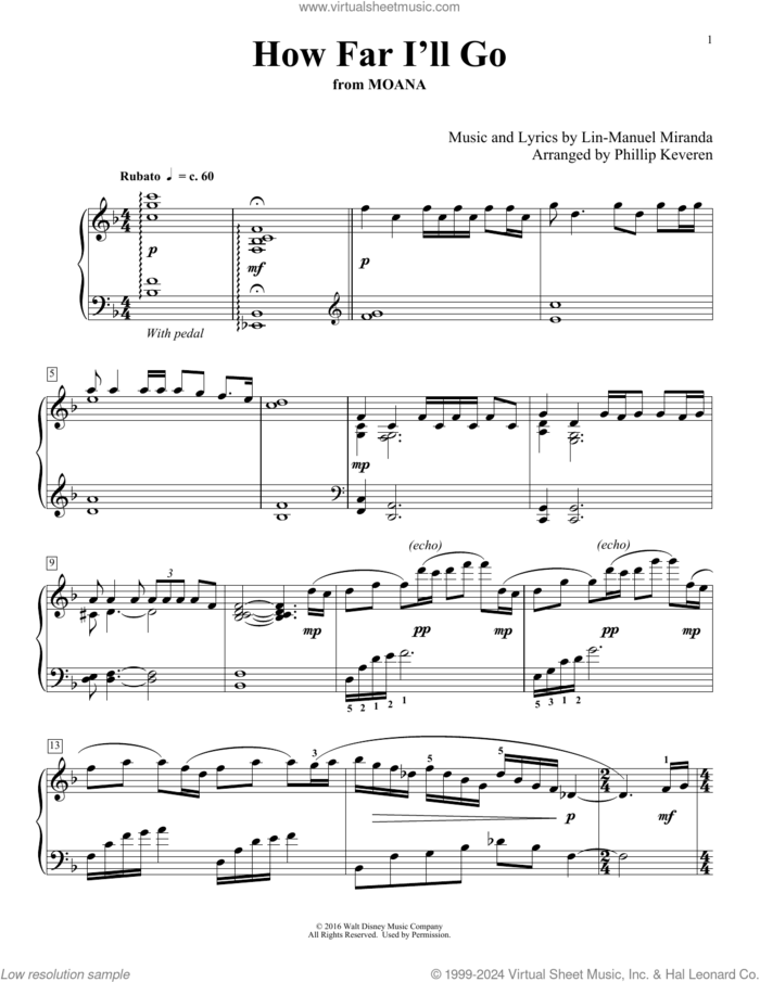 How Far I'll Go (from Moana) (arr. Phillip Keveren) sheet music for piano solo by Lin-Manuel Miranda, Phillip Keveren and Alessia Cara, intermediate skill level
