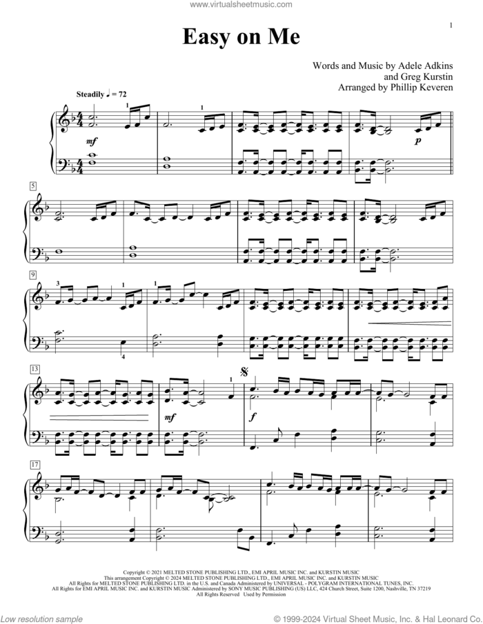 Easy On Me (arr. Phillip Keveren) sheet music for piano solo by Adele, Phillip Keveren, Adele Adkins and Greg Kurstin, intermediate skill level