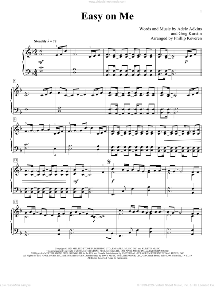 Easy On Me (arr. Phillip Keveren) sheet music for piano solo by Adele, Phillip Keveren, Adele Adkins and Greg Kurstin, intermediate skill level