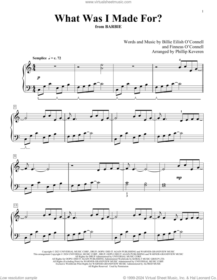 What Was I Made For? (from Barbie) (arr. Phillip Keveren) sheet music for piano solo by Billie Eilish and Phillip Keveren, intermediate skill level