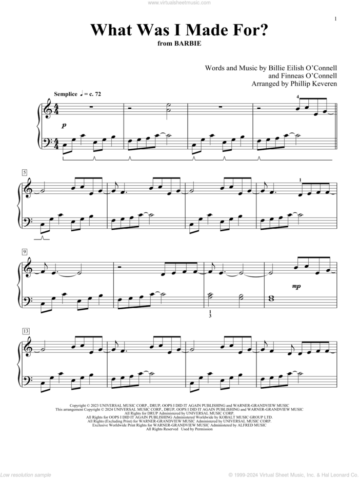 What Was I Made For? (from Barbie) (arr. Phillip Keveren) sheet music for piano solo by Billie Eilish and Phillip Keveren, intermediate skill level