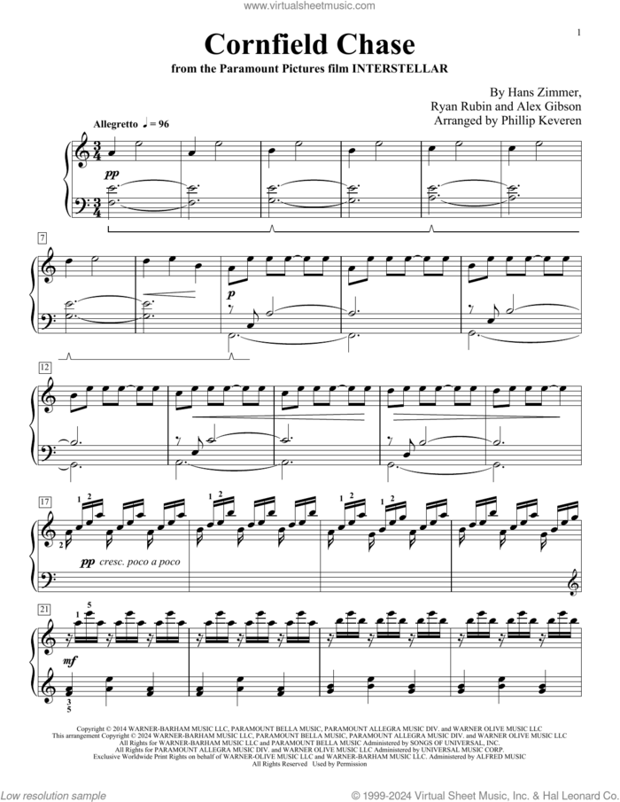 Cornfield Chase (from Interstellar) (arr. Phillip Keveren) sheet music for piano solo by Hans Zimmer, Phillip Keveren, Alex Gibson and Ryan Rubin, intermediate skill level