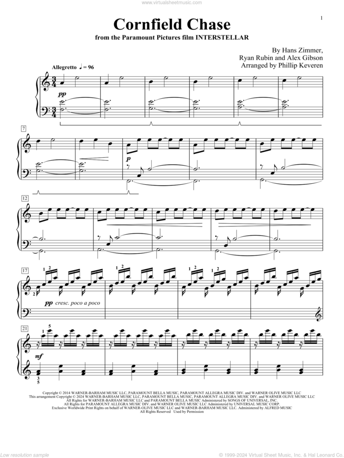 Cornfield Chase (from Interstellar) (arr. Phillip Keveren) sheet music for piano solo by Hans Zimmer, Phillip Keveren, Alex Gibson and Ryan Rubin, intermediate skill level