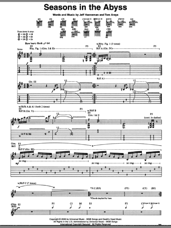 Seasons In The Abyss sheet music for guitar (tablature) by Slayer, Jeff Hanneman and Tom Araya, intermediate skill level