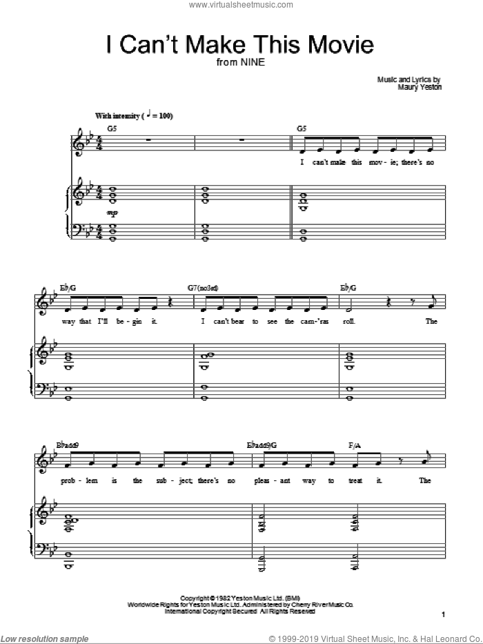 I Can't Make This Movie sheet music for voice, piano or guitar by Maury Yeston and Nine (Musical), intermediate skill level