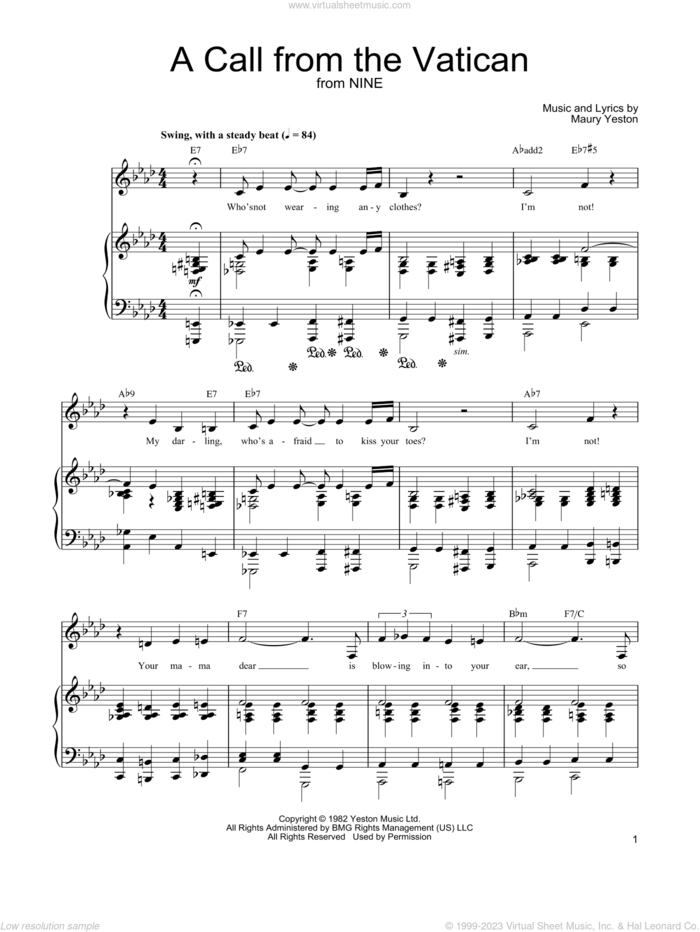A Call From The Vatican sheet music for voice, piano or guitar by Maury Yeston and Nine (Musical), intermediate skill level