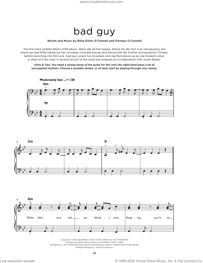 bad guy sheet music for piano solo by Billie Eilish, beginner skill level