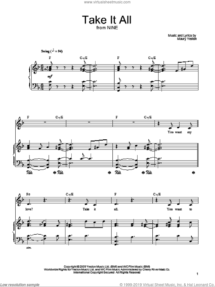 Take It All sheet music for voice, piano or guitar by Maury Yeston and Nine (Musical), intermediate skill level