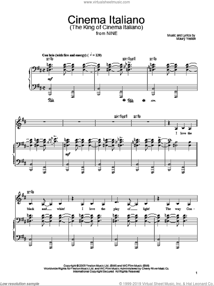 Cinema Italiano sheet music for voice, piano or guitar by Maury Yeston and Nine (Musical), intermediate skill level