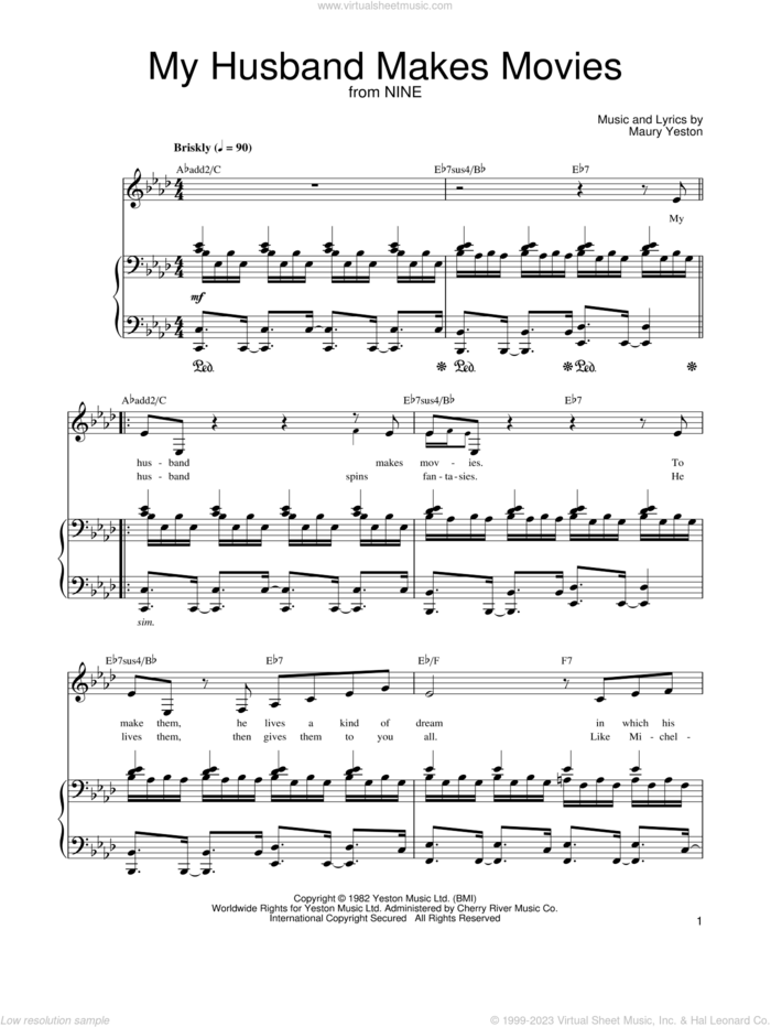 My Husband Makes Movies sheet music for voice, piano or guitar by Maury Yeston and Nine (Musical), intermediate skill level