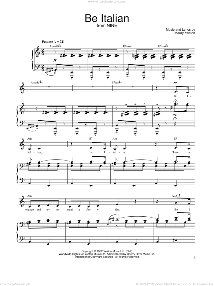 Be Italian sheet music for voice, piano or guitar by Maury Yeston, Fergie and Nine (Musical), intermediate skill level