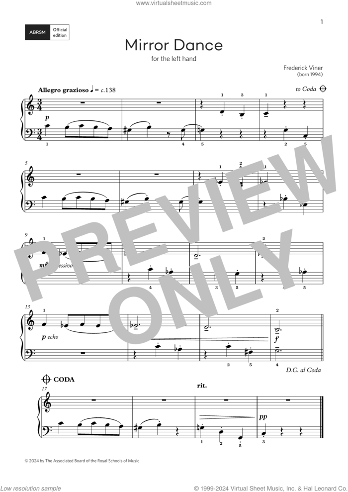 Mirror Dance: for left or right hand (Grade 1, list A, from the ABRSM Piano Syllabus 2025 and 2026) sheet music for piano solo by Frederick Viner, classical score, intermediate skill level