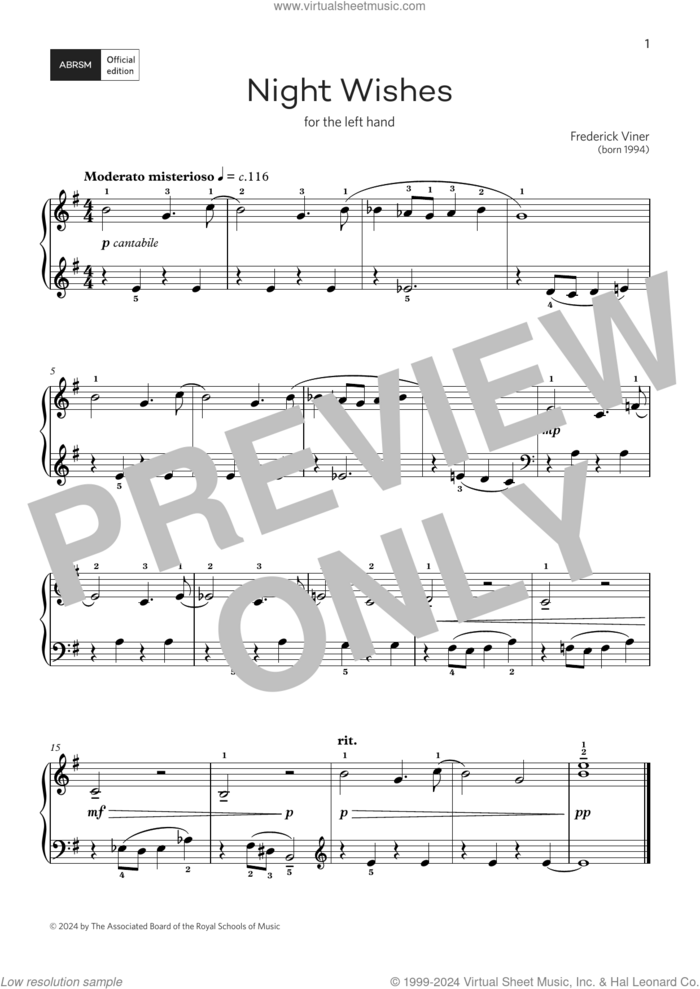 Night Wishes: for left or right hand (Grade 1, list B, from the ABRSM Piano Syllabus 2025 and 2026) sheet music for piano solo by Frederick Viner, classical score, intermediate skill level