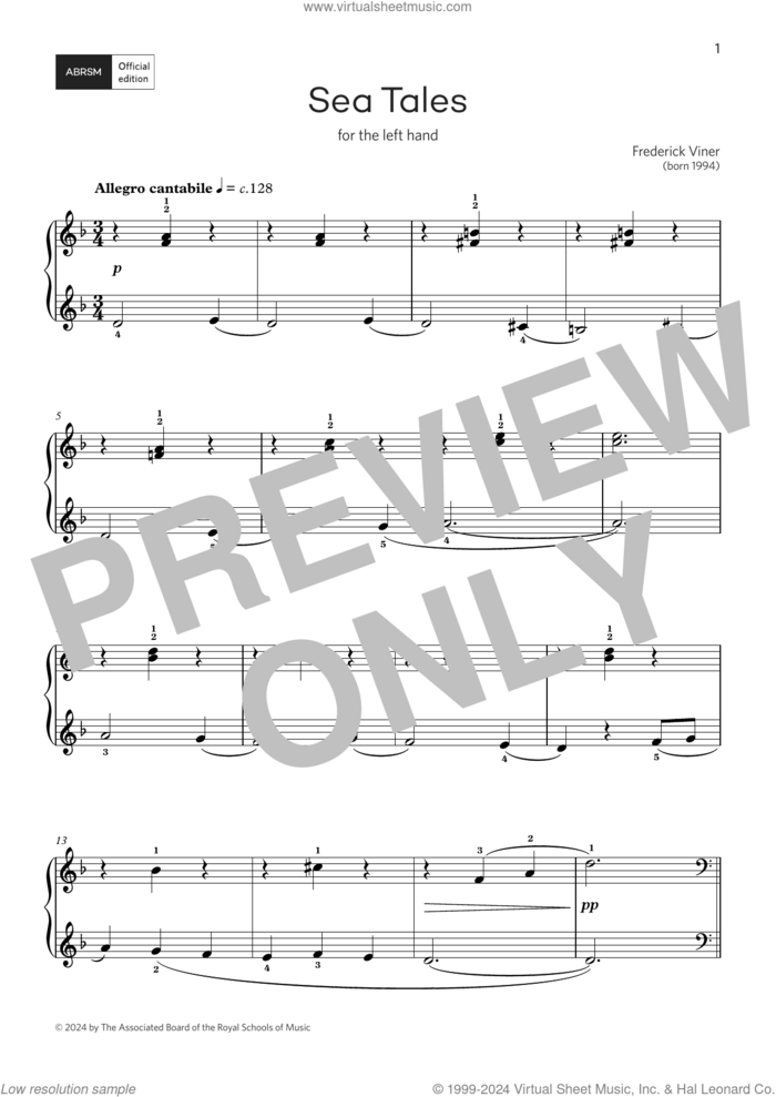 Sea Tales:Afor left hand only (Grade 2, list C, from the ABRSM Piano Syllabus 2025 and 2026) sheet music for piano solo by Frederick Viner, classical score, intermediate skill level